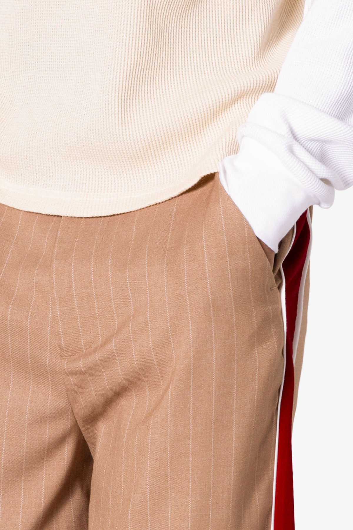 Pinstripe Velvet Trim Trouser Pants - Tan