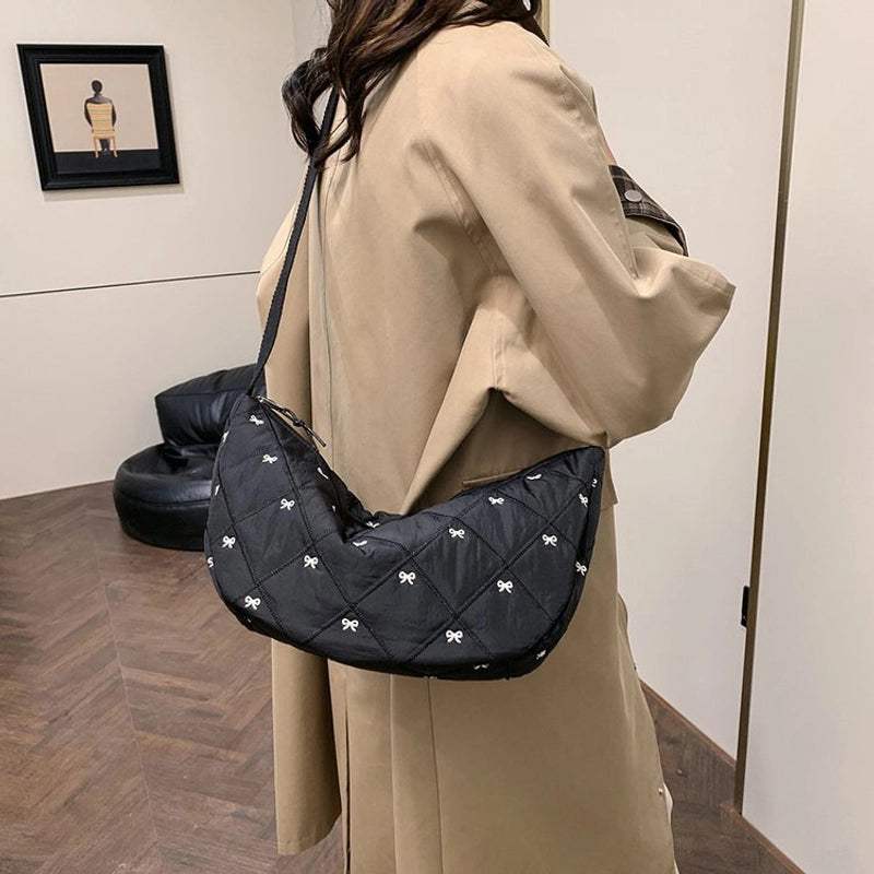 Women's Canvas Lingge Bow Knot Classic Style Dumpling Shape Zipper Shoulder Bag Crossbody Bag