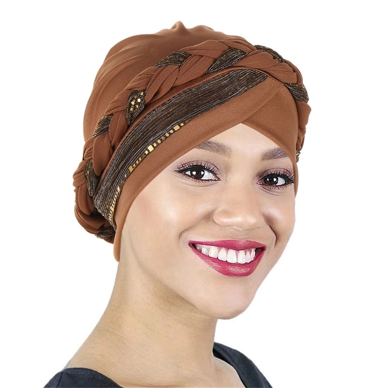 New Sequined Braid Hat Fashion Headscarf Hat Women's Travel Pullover Hat