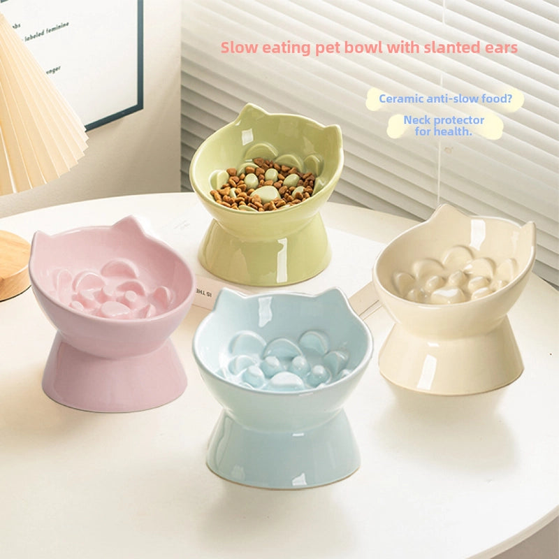 Cat Bowl Ceramic High Foot Slow Food Anti-choking Neck Protection Anti-spilt Pet Cat Dog Rice Bowl Cat Food Cat Food Basin