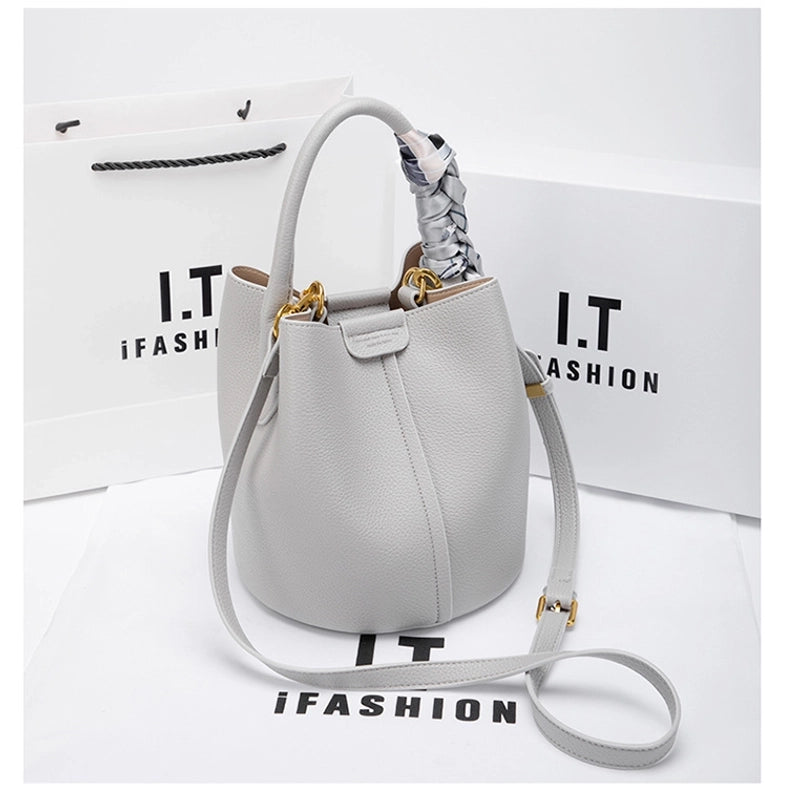 Women's Medium Leather Solid Color Elegant Bucket Open Bucket Bag