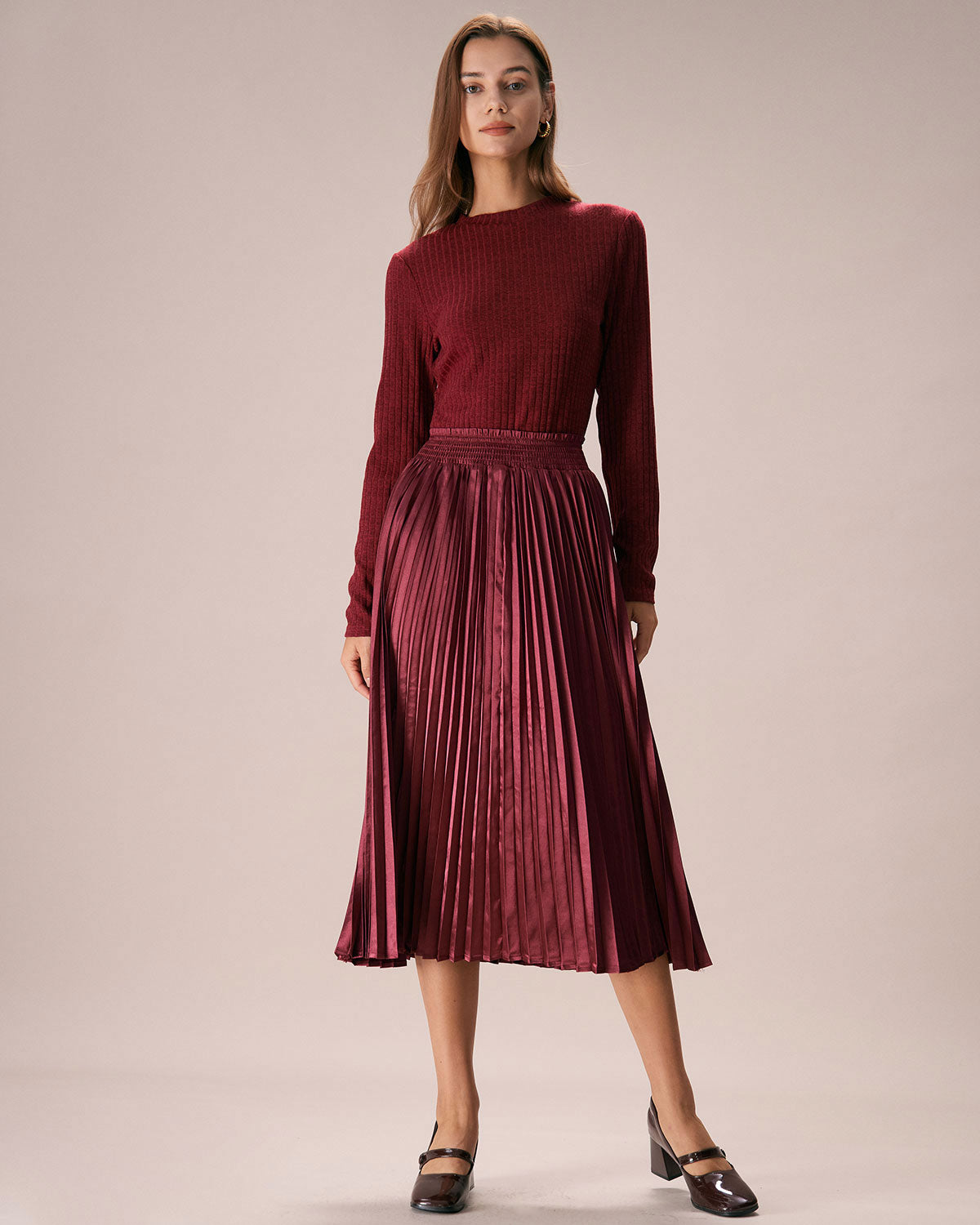 The Wine Red Elastic Waist Pleated Midi Skirt