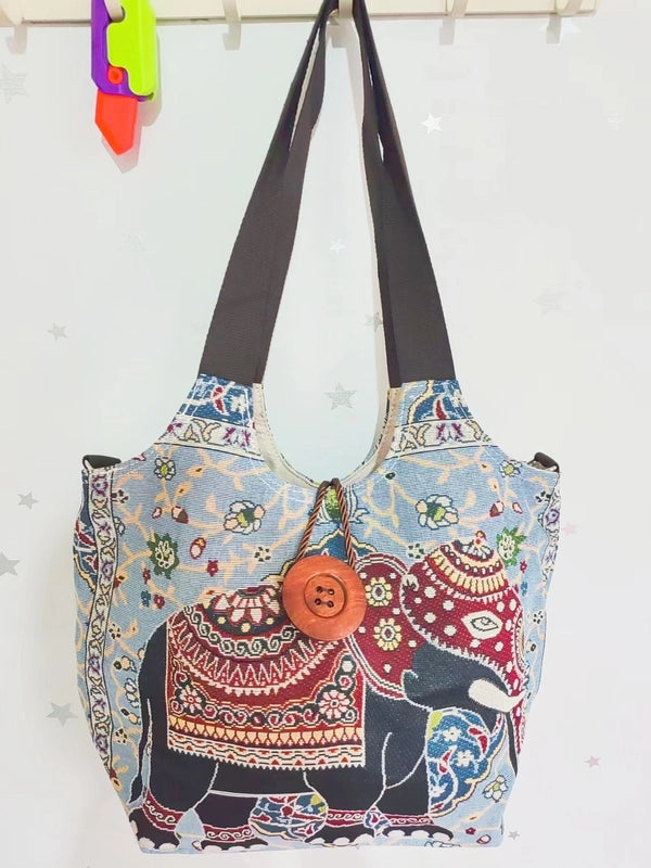 Women's Large Canvas Elephant Ethnic Style Square Zipper Shoulder Bag