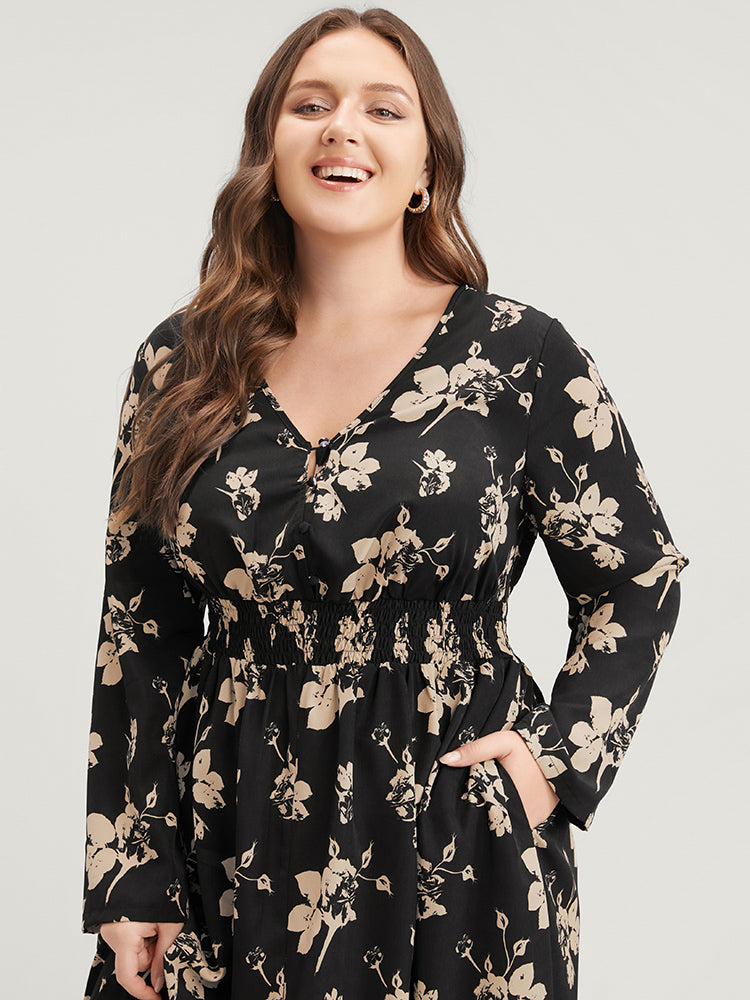 Floral V Neck Button Pocket Shirred Midi Dress