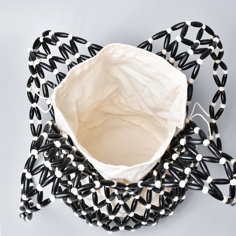 Women's Medium Wooden Beads Polyester Cotton Color Block Basic Vacation Open Straw Bag