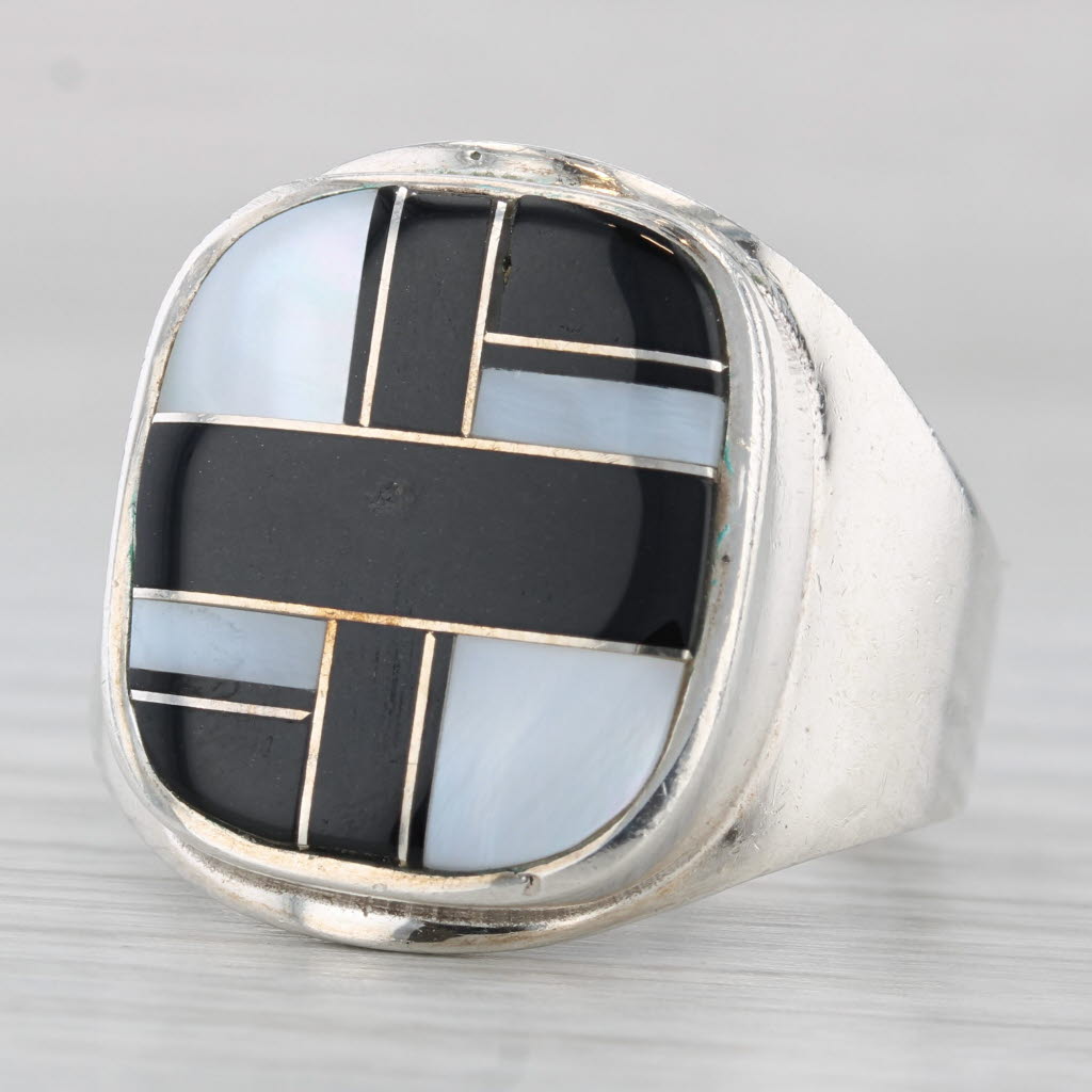 Mother of Pearl Quartzite Mosaic Ring Sterling Silver Size 12 Angie Tom Navajo