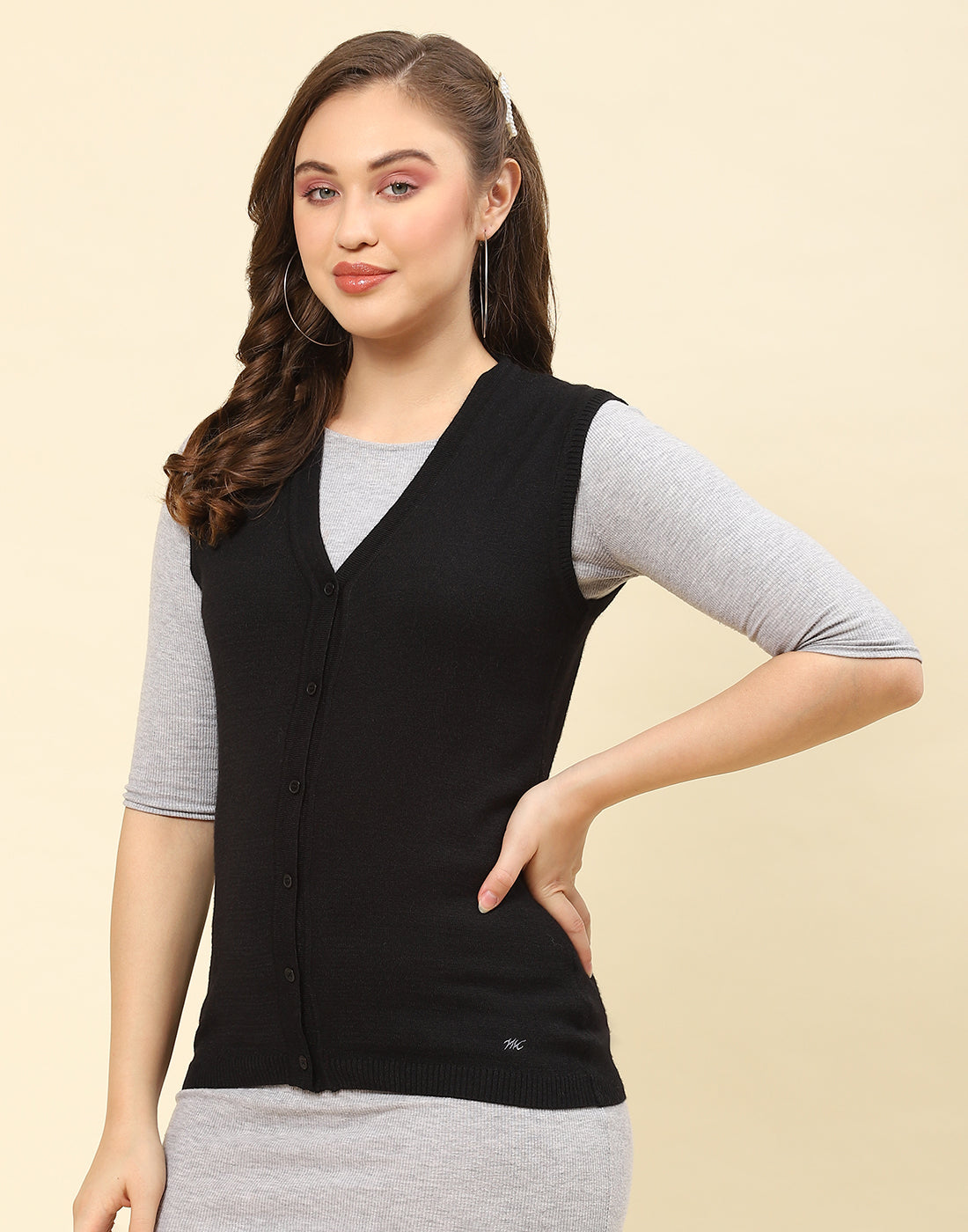 Women Black Solid V Neck Sleeveless Cardigan