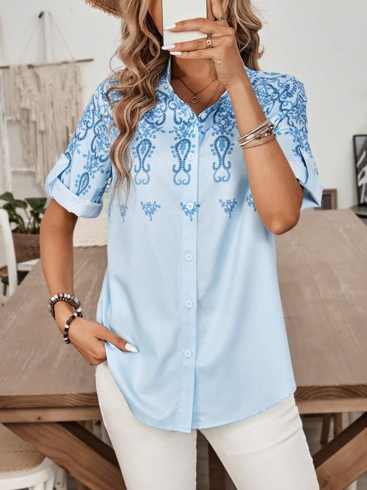 Ladies' Blue Abstract Pattern Summer Top Shirt