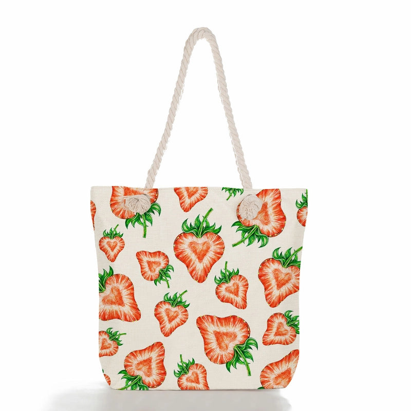 Women's Cotton And Linen Fruit Strawberry Cute Square Zipper Tote Bag