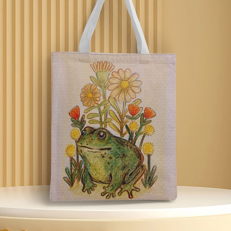 Women's Canvas Cartoon Frog Basic Classic Style Square Open Canvas Bag