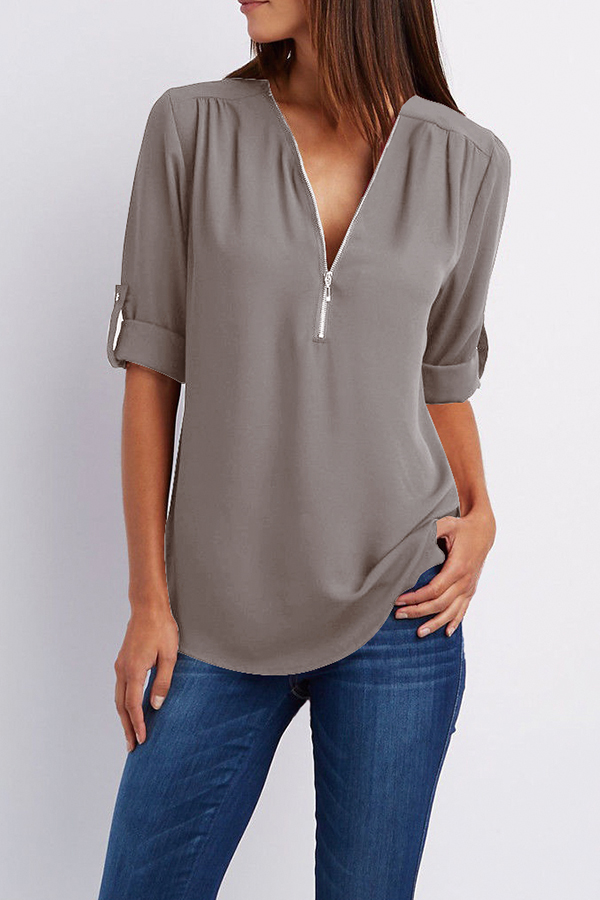 V Neck Zipper Patchwork Plain Blouses