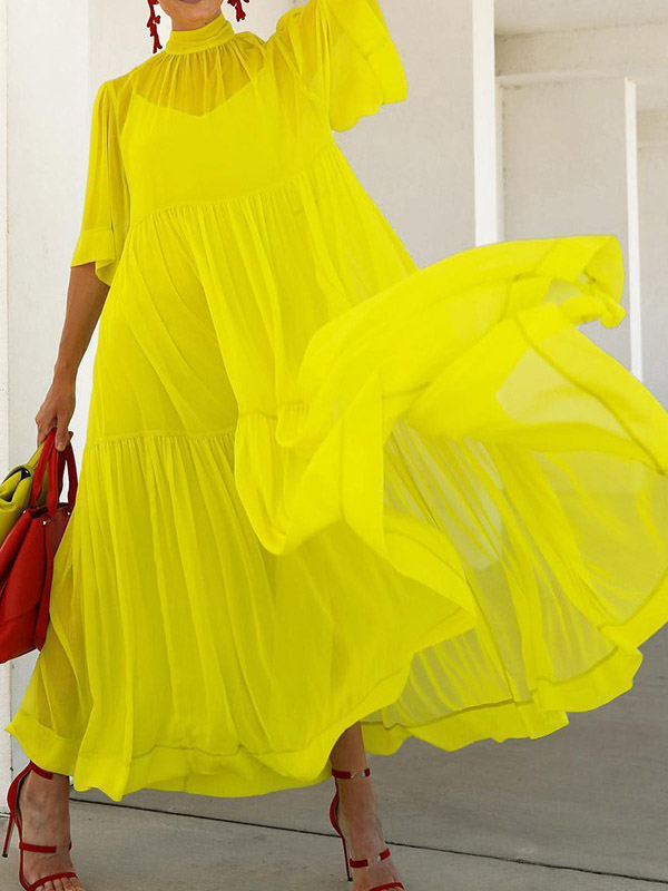 Loose Plus Size Solid Color Split-Joint Inner Dress + Mesh Pleated Mock Neck Outer Dress Two Pieces Set