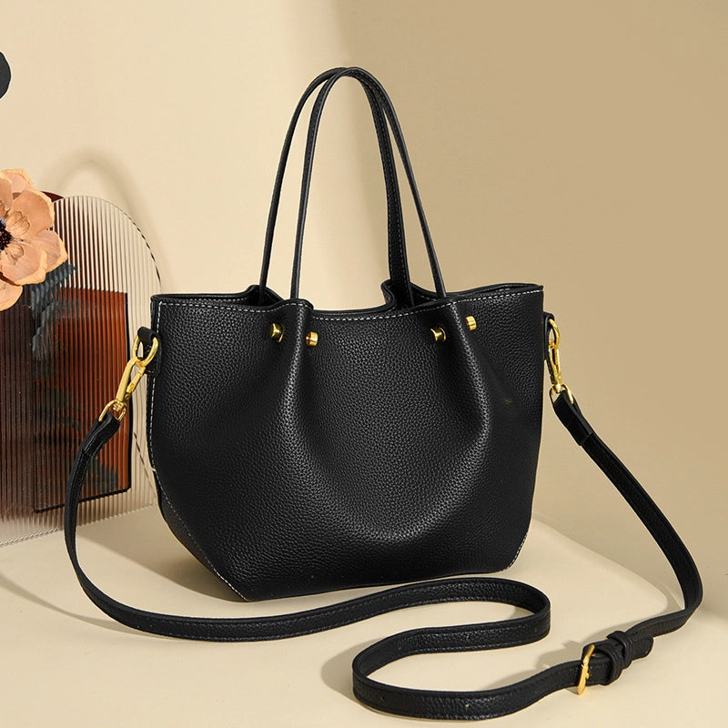Women's Pu Leather Solid Color Basic Sewing Thread Bucket Zipper Shoulder Bag Handbag Crossbody Bag