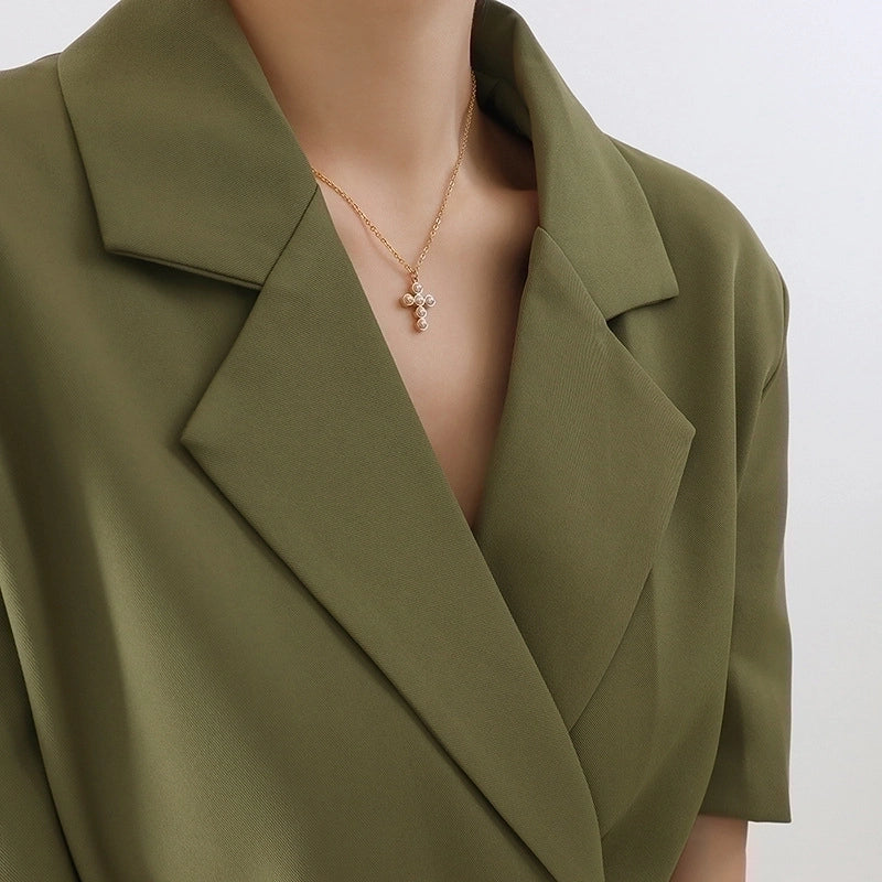 Minimalist Cross 304 Stainless Steel Artificial Pearls 18K Gold Plated Plating Inlay Pendant Necklace