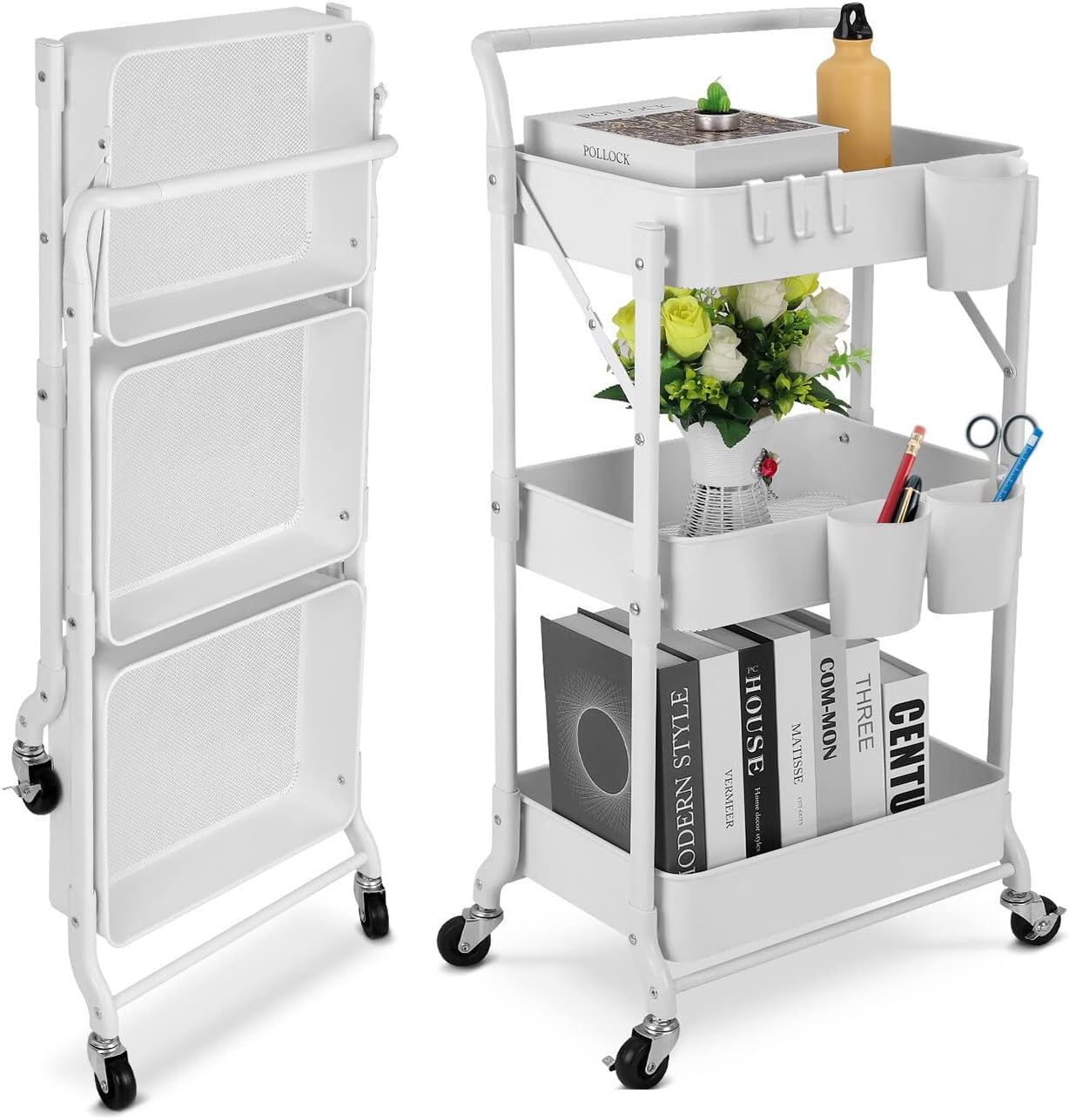 Foldable 3 Tier Metal Utility Rolling Cart. Folding Mobile Multi-Function Storage Trolley Organizer Cart (White)