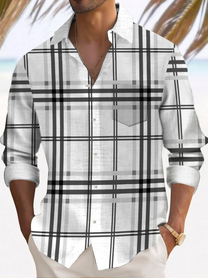 Men's Plaid Design Pocket Casual Long Sleeve Shirt