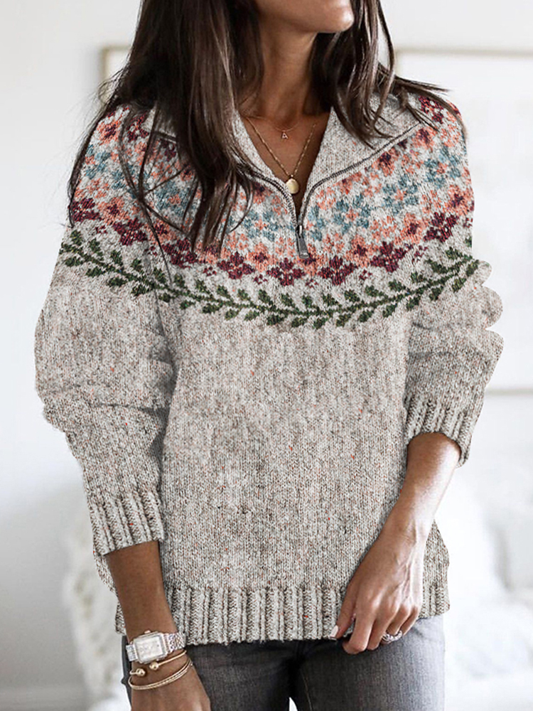 Retro Floral Knitted Button Down Ziper Cozy Sweater