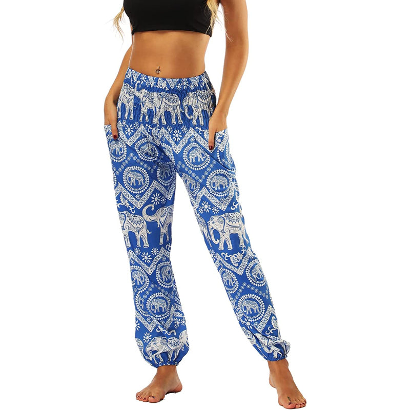 Women's Boho Pants Harem Smocked Waist Yoga Hippie Palazzo Summer Beach Pants