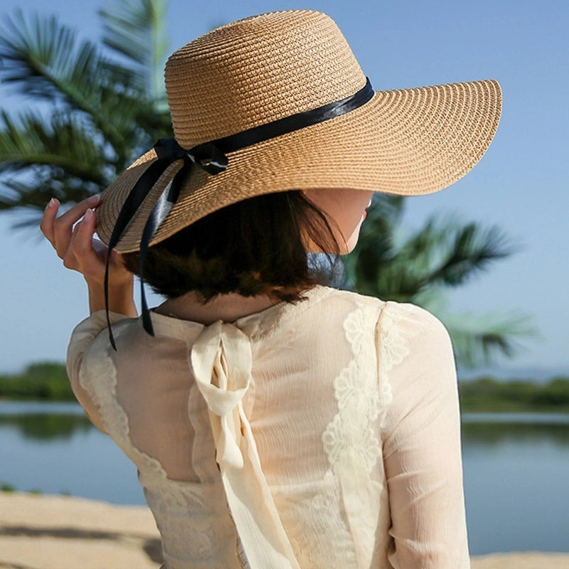Women's Sweet Pastoral Color Block Bowknot Side Of Fungus Straw Hat
