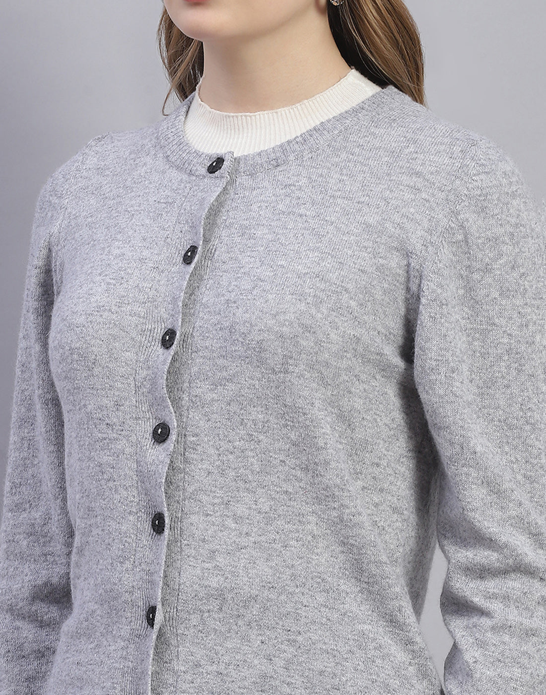 Women Grey Solid Round Neck Full Sleeve Cardigan