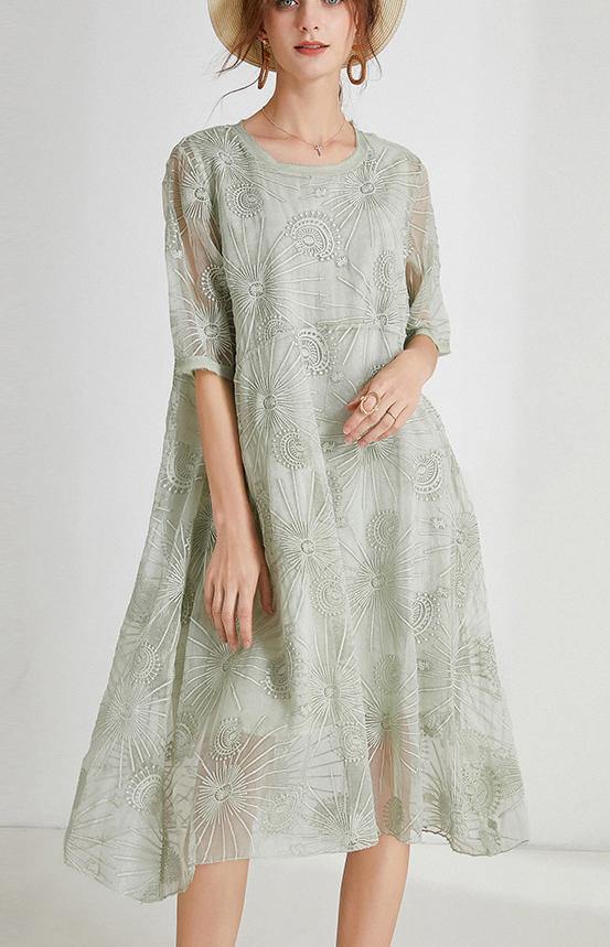Light Green Embroidery Chiffon Short Sleeve Summer Maxi Dresses