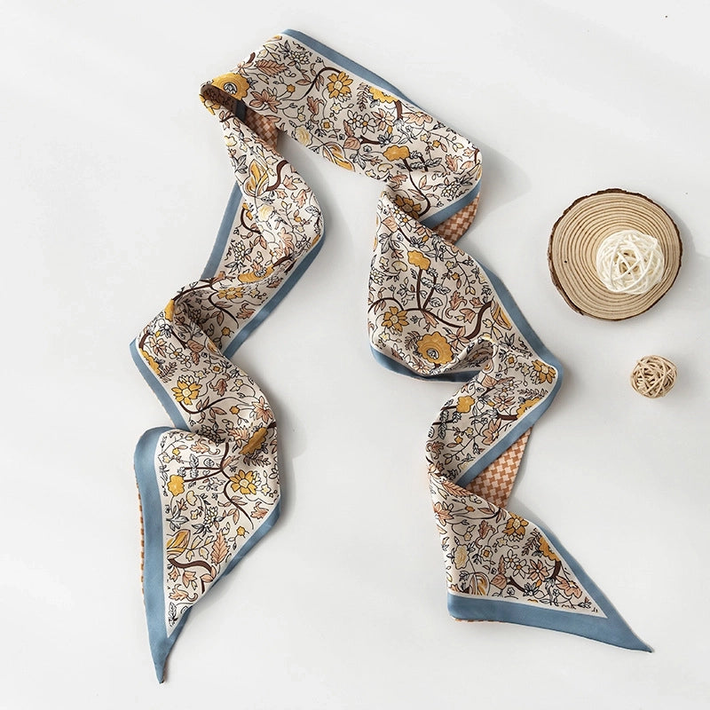 Women's Retro Plaid Flower Satin Silk Scarf