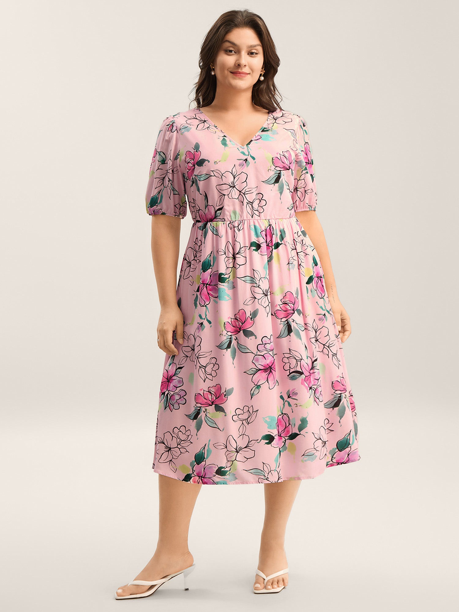 Blushing Petals Pockets Cinched-Waist Midi Dress