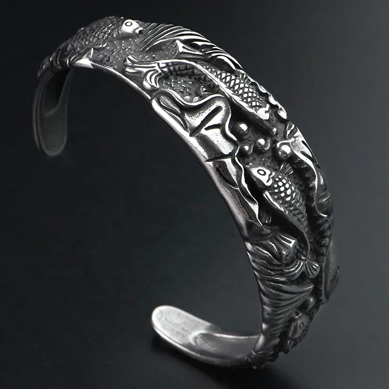 Bangle Bracelets Rings For Girl Charms Stainless Steel Jewelry Sets Carp Animal 3D Design Traditional Accessories For Luck