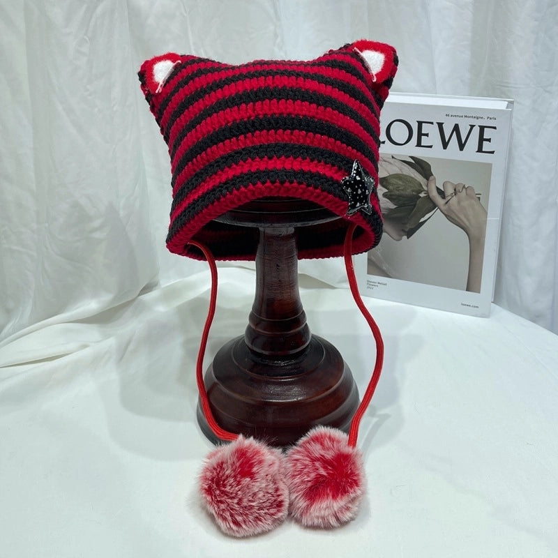 Japanese Style Cute Little Devil Cat Ear Fur Ball Wool Hat Women's Autumn And Winter Warm Small Face Ear Protection Knitted Hat