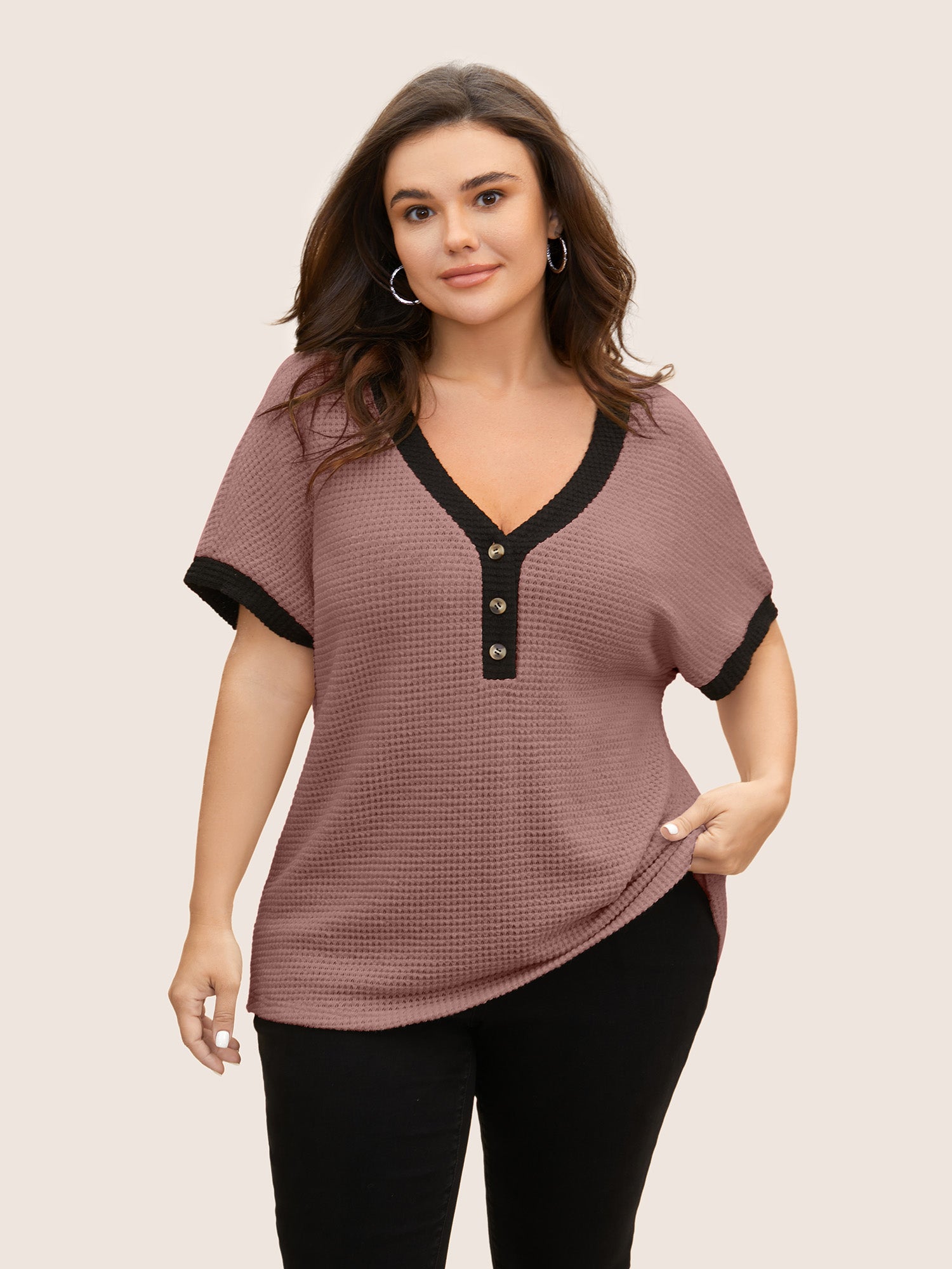 V Neck Contrast Button Detail Knit T-shirt