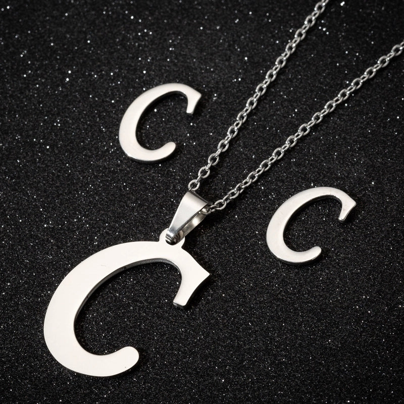 Women's Fashion Minimalist Letter Stainless Steel Pendant Necklace Ear Studs Plating Jewelry Sets