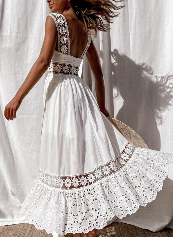 Boho Dress for Women|Bohemian Dress|Midi Boho Dress| Lace  Cotton Bohemian DressWhite Hollow Out Boho Maxi Sundress|Wedding Guest Dress