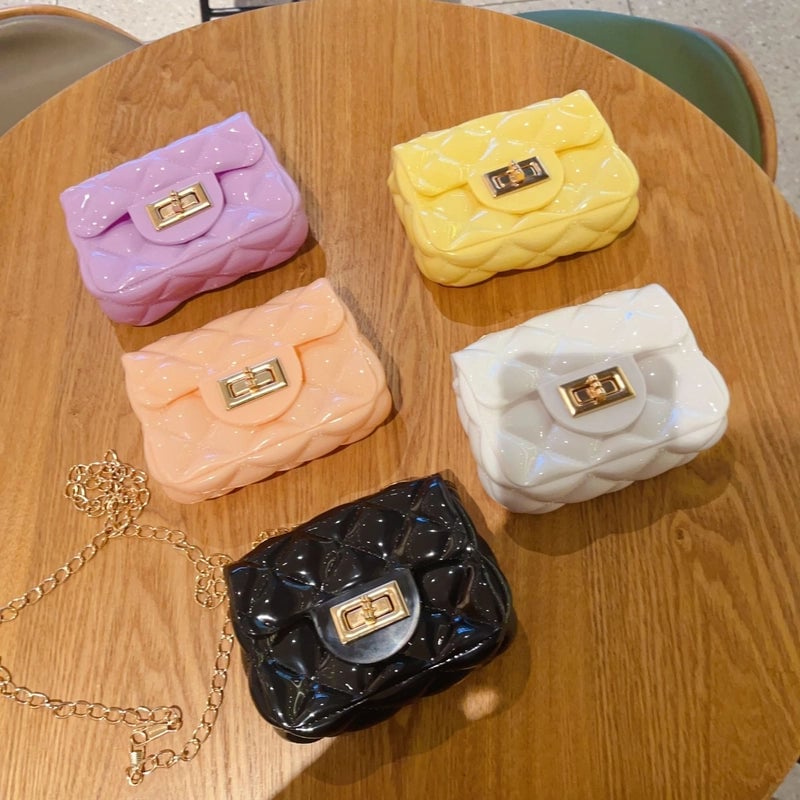 Women's Mini PVC Solid Color Lingge Cute Streetwear Square Flip Cover Lock Clasp Jelly Bag