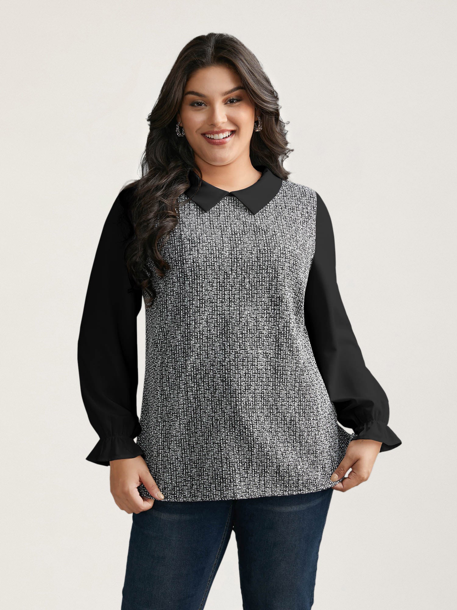 Tweed Patchwork Lantern Sleeve Blouse