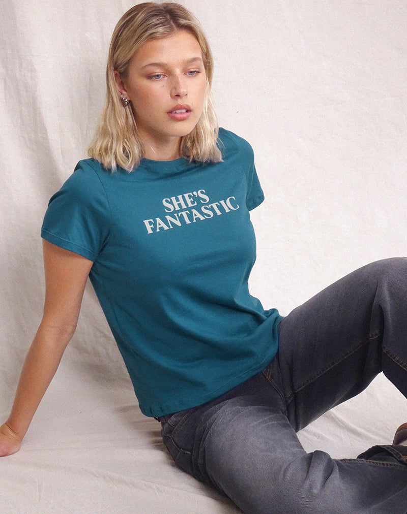 Saki Tee in Mediterranean Blue with She's Fantastic Slogan