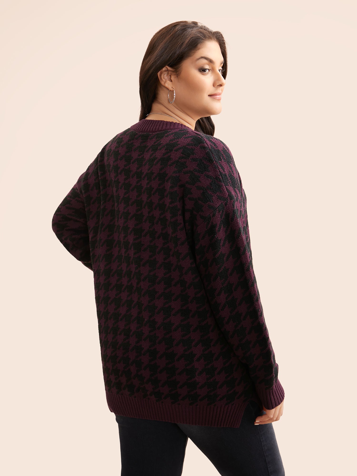 V Neck Houndstooth Drop Shoulder Pullover