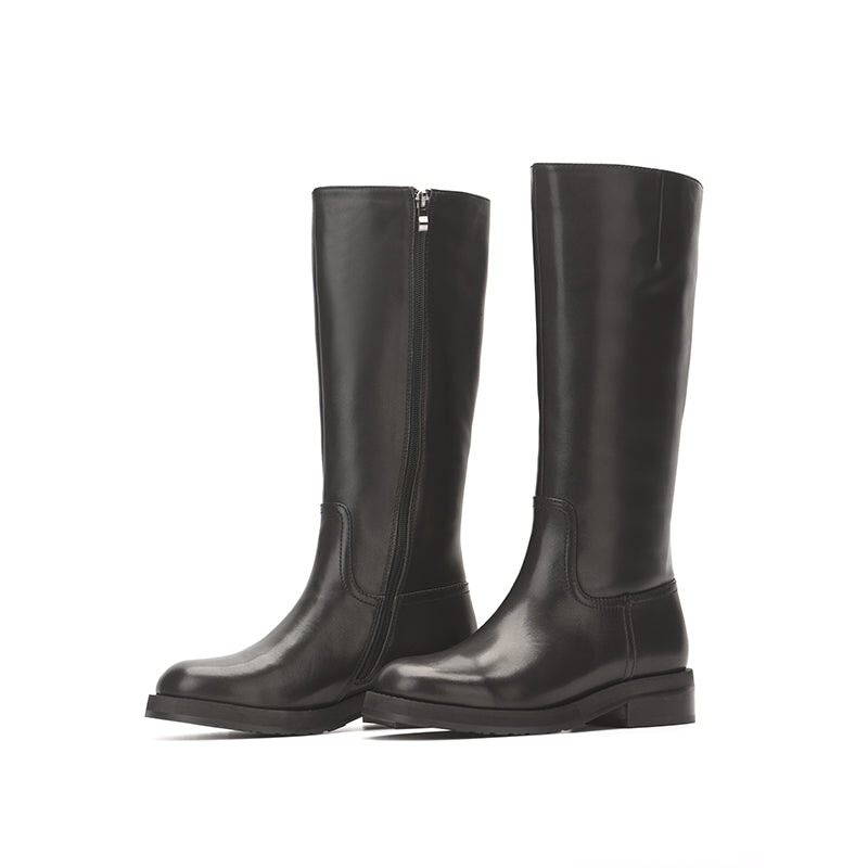 Wide Fit Handmade?Leather Knee High Boots Side Zip Riding Boots in Black Short Plush Lining
