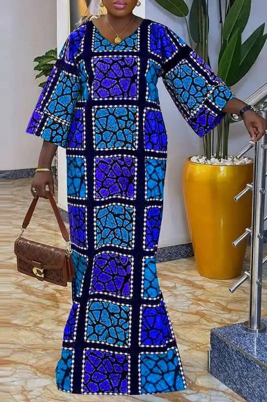 Vintage Plus Size V Neck Flare Sleeve Casual Printed Maxi Dress