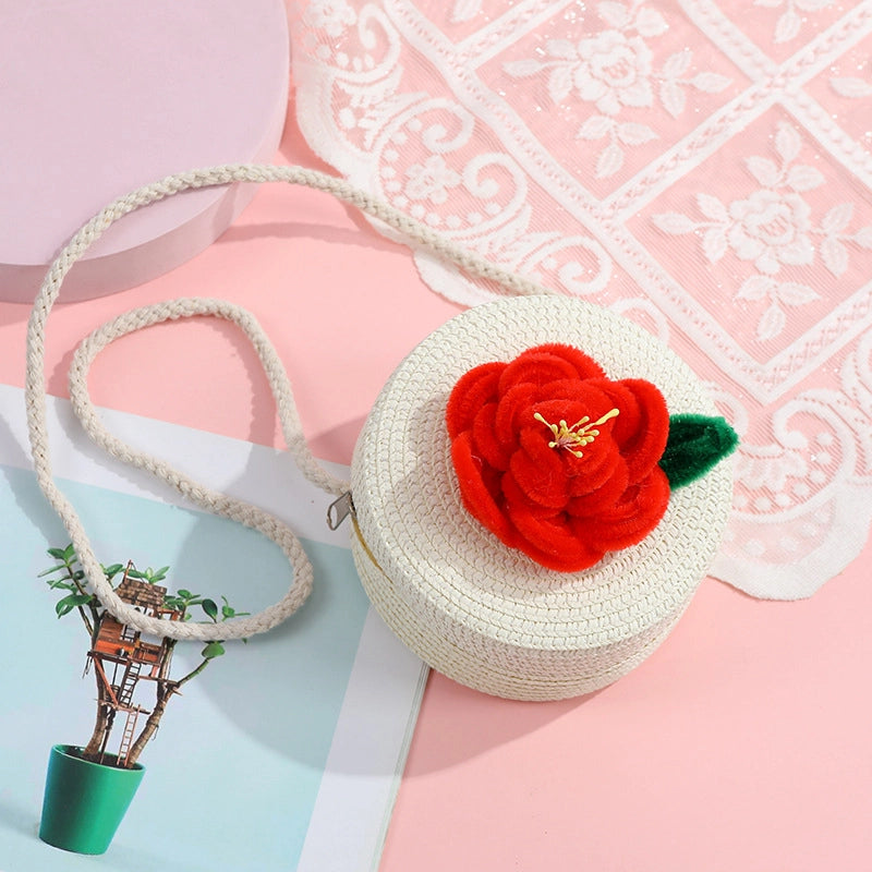 Women's Small Straw Solid Color Flower Vacation Beach Weave Round Zipper Straw Bag