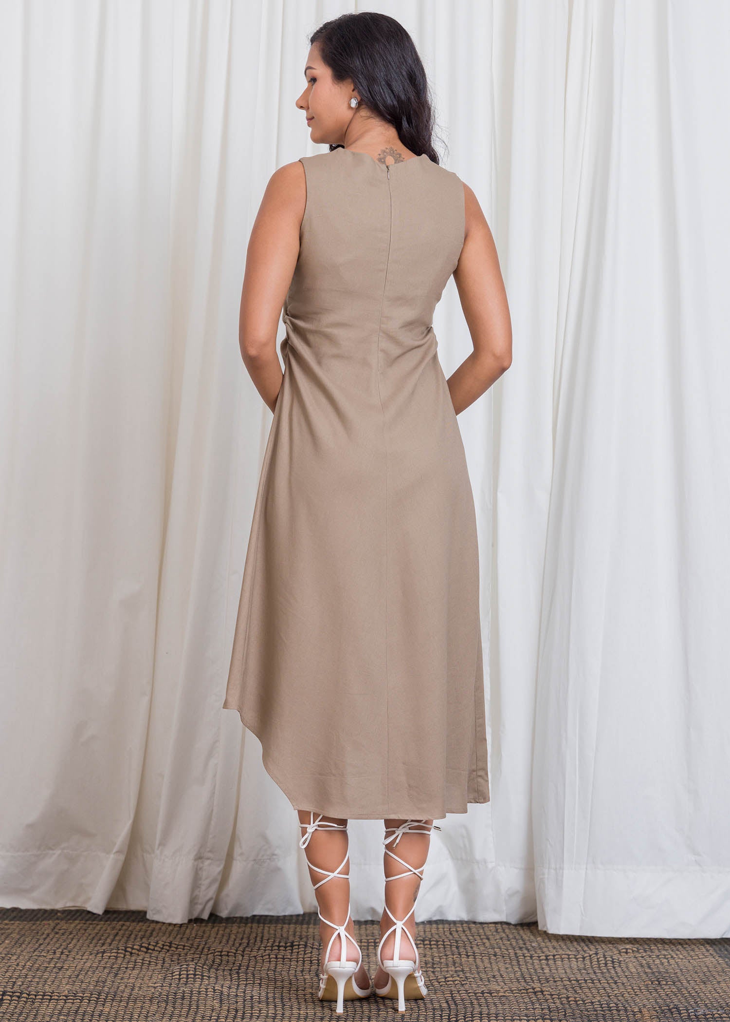 Uneven Hem Midi Dress With Side Ruched Detail