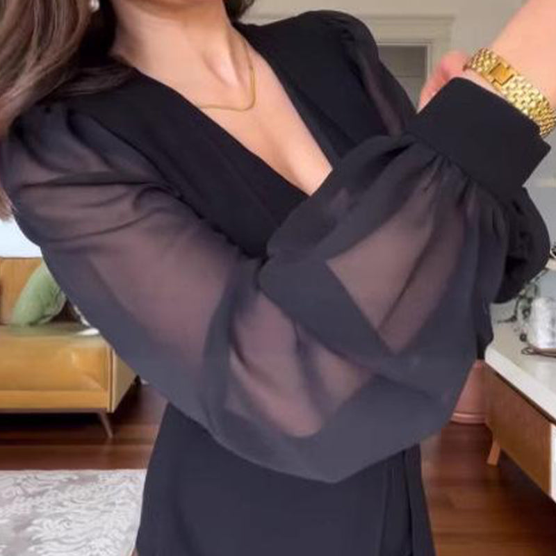 🎅Last Day Hot Sales - 50% OFF🥰Women's Elegant V-Neck Mesh Long Lantern Sleeve Dresses