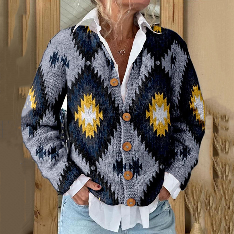 Retro Azite Print Buttoned Sweater Cardigan