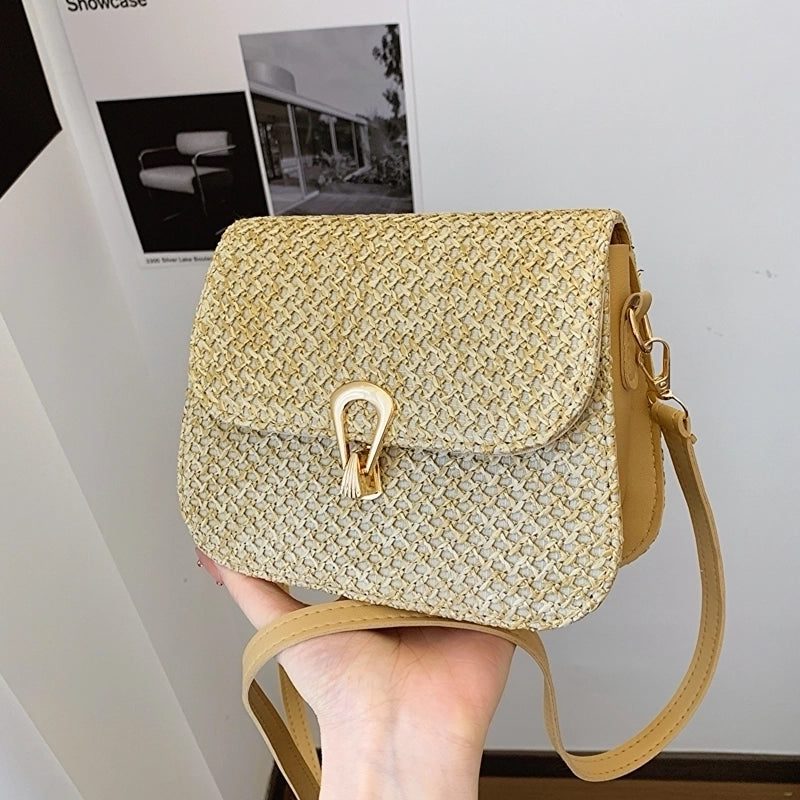 Women's Medium Straw Solid Color Classic Style Flip Cover Crossbody Bag