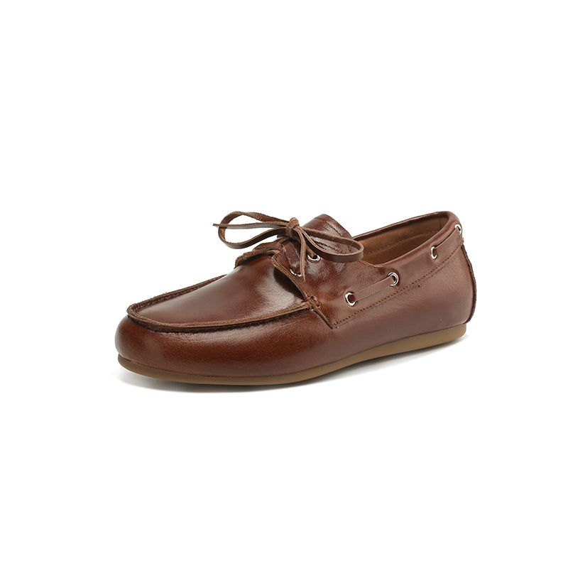 Vintage Leather Lace-Up Loafers Round Toe Flat Oxford Shoes in Light Brown/Deep Brown/Caramel/Apricot