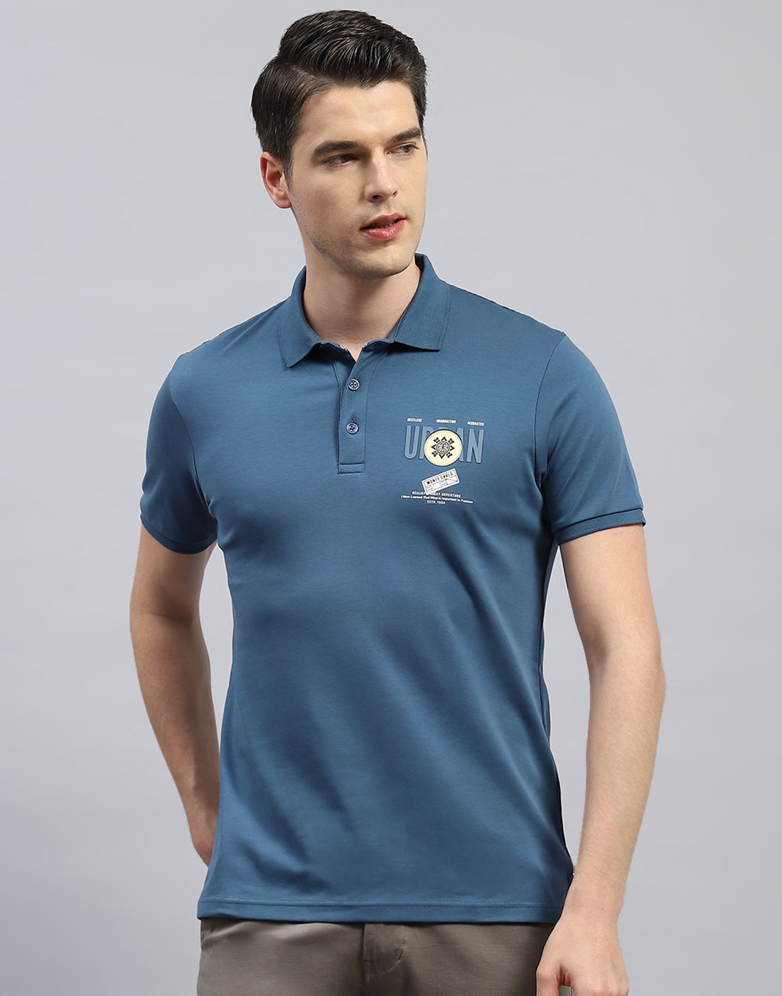 Men Teal Blue Printed Polo Collar Half Sleeve T-Shirt