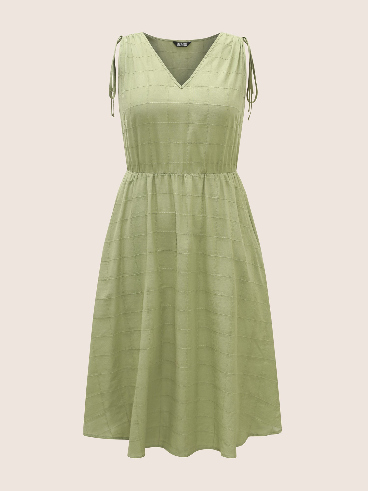 V Neck Solid Textured Drawstring Midi Dress