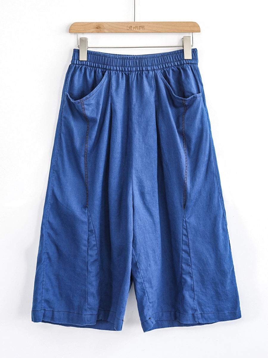 Women Casual Pure Color 100%Linen Wide-leg Cropped Pants