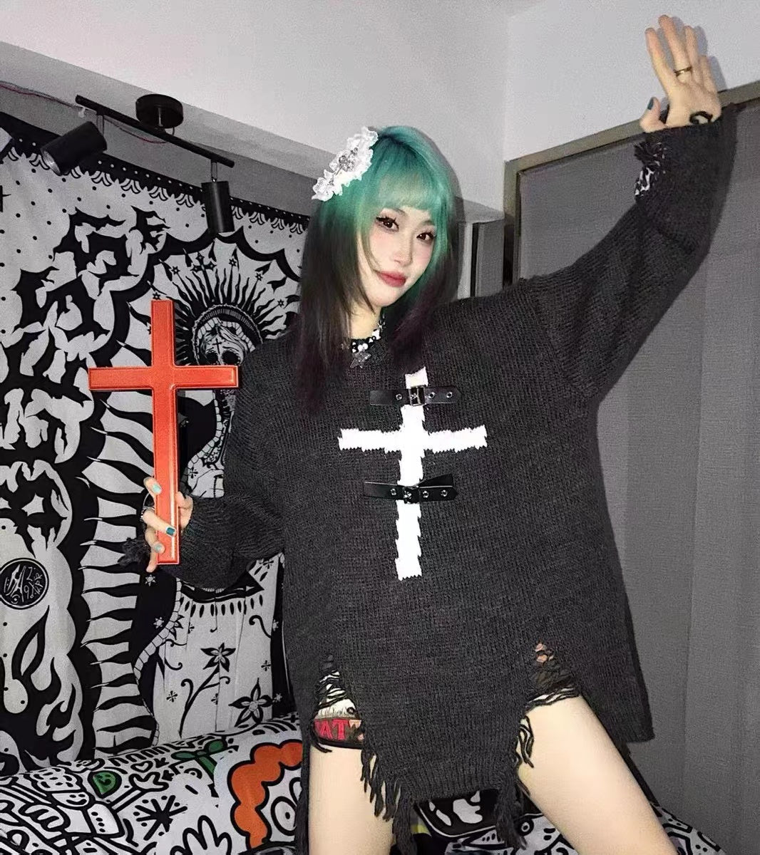 Ripped Cross Knit Sweater  KF70348