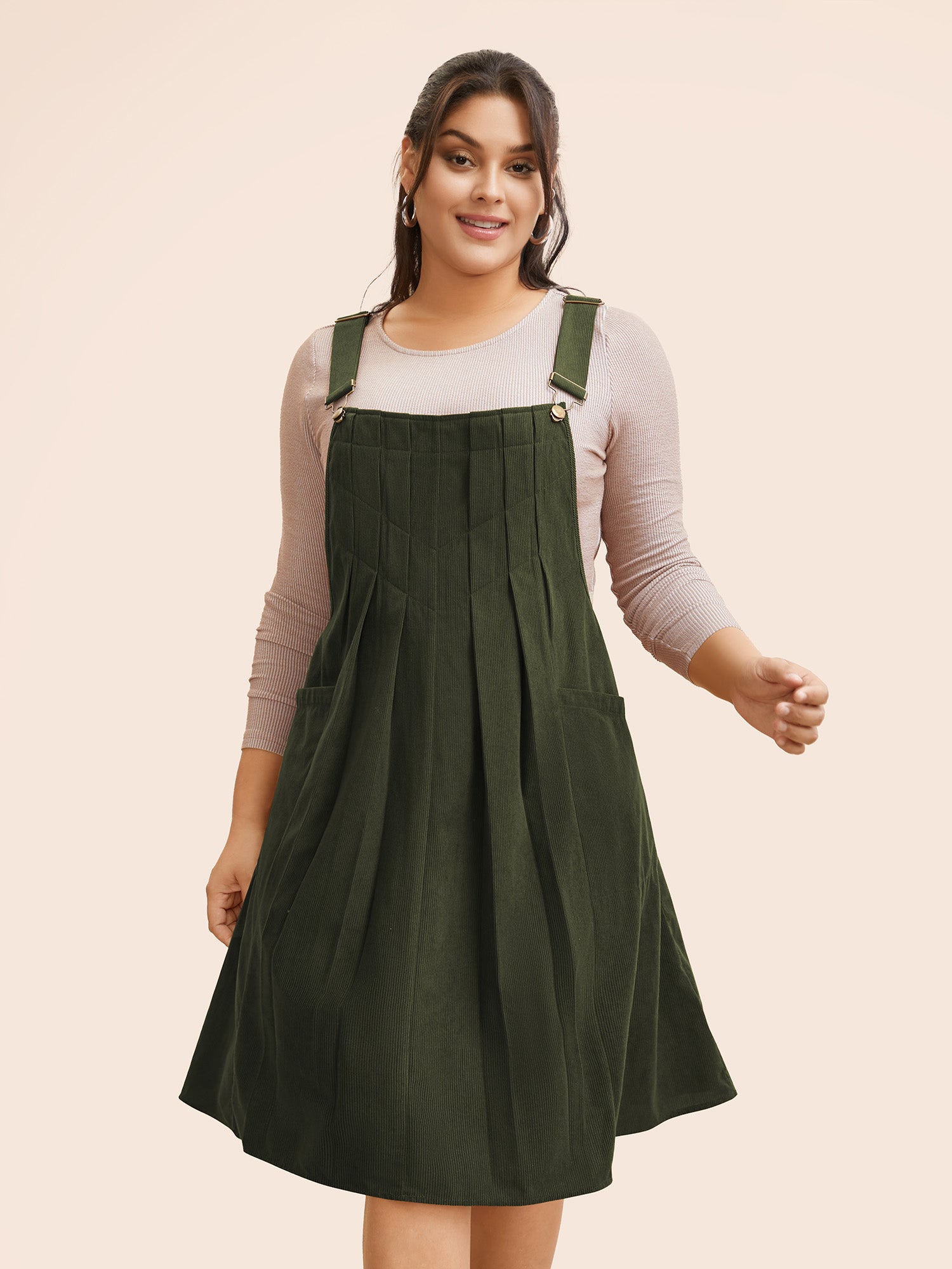 Solid Corduroy Pleated Overall Dress