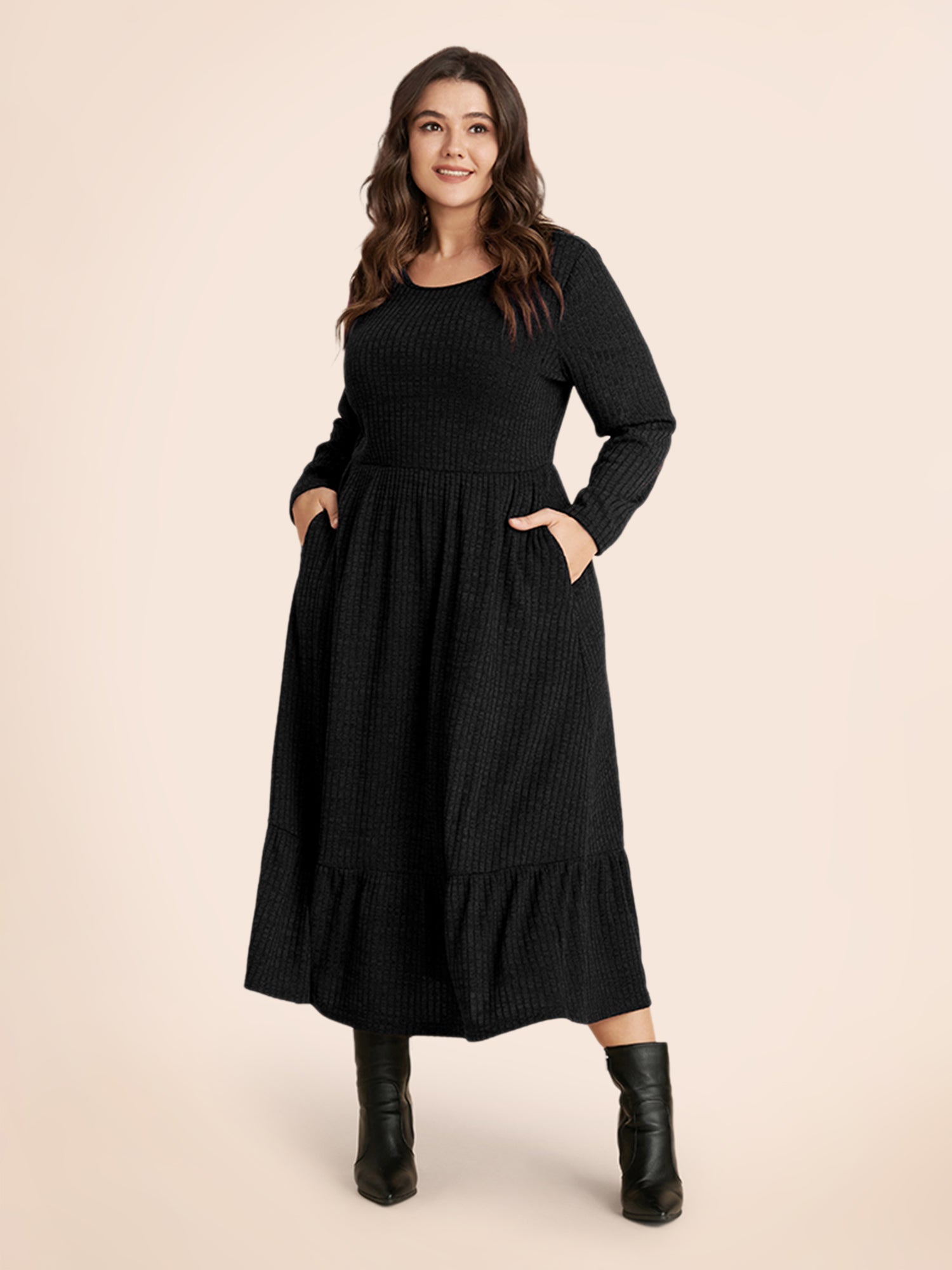 Solid Pocket Rib Knit Ruffle Hem Dress Without Belt